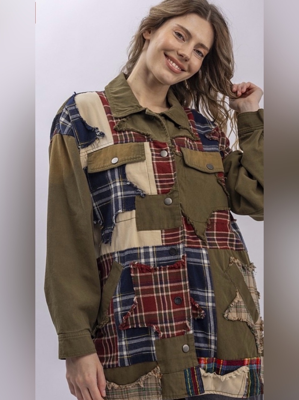 NWT BlueVelvet Plaid Star Patch Shacket Oversized size Small